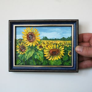 Sunflower field painting Tiny artwork Thick texture painting by palette knife Flower wall art Landscape original artwork Framed wall art