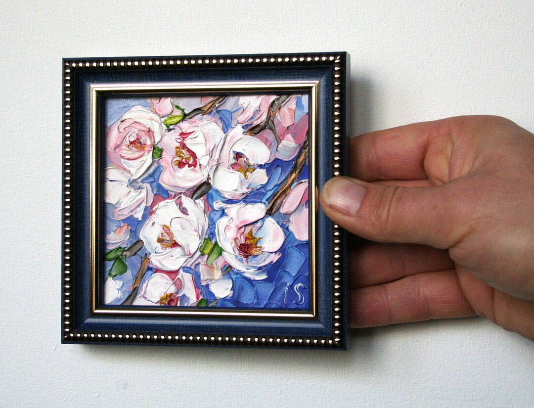 Cherry Blossom Painting Tiny Framed Art 3d Textured Floral Oil Etsy