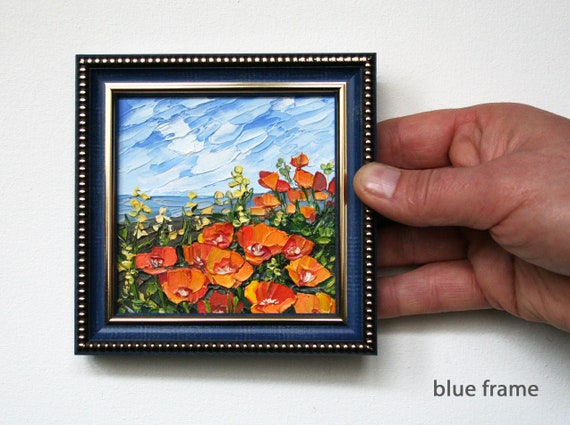 California poppy painting Tiny framed art Mini oil painting Original artwork Miniature wall art Mothers Day gift
