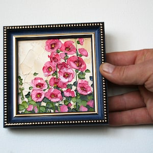 Small floral painting Impasto Palette knife painting Hollyhock art Original artwork Tiny framed art Flower oil painting