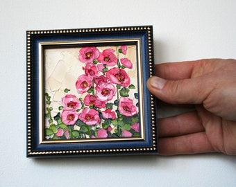 Small floral painting Impasto Palette knife painting Hollyhock art Original artwork Tiny framed art Flower oil painting Mothers Day gift