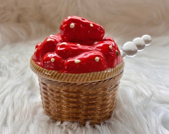 Vintage Sugar Bowl Strawberry Shaped Jam Kitchen Container Storage Retro Home Decor