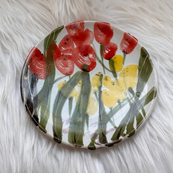 Vintage Signed Studio Pottery Plate Dish Tulip Red Yellow Flowers Flower Floral Design Estate Sale Find Clint