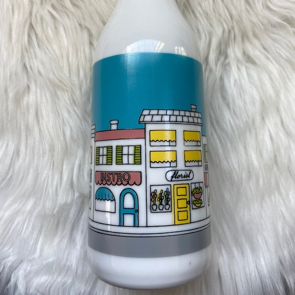 Vintage Carlton Glass Street Scene Milk Bottle Vase Hotel Greengrocer Bistro Florist Butcher Barber Borosilicate Glass Kitsch Retro Kitchen