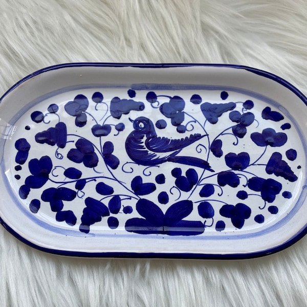 Vintage Handmade Ceramic Cobalt Navy Blue Dish Platter Made in Italy Bird Design