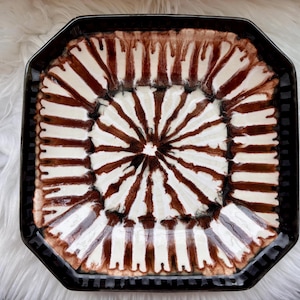 Vintage Unique Abstract Footed Plate Platter Bowl Signed GE Ceramic Art Hand Handmade Glazed Artwork Earth Tones Neutral Tray