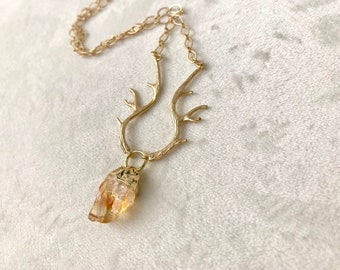 Raw Citrine and Antler Necklace