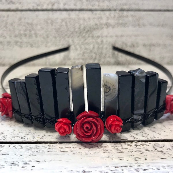 Black Agate and Red Rose Crown, Gothic Crystal Tiara, Black Stone Headband