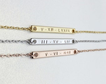 Ship same day til 2 p.m ,Roman Numerals Engraving Bar Necklace,Christmas gift,Custom Necklace, Personalized jewelry,Hand stamped,