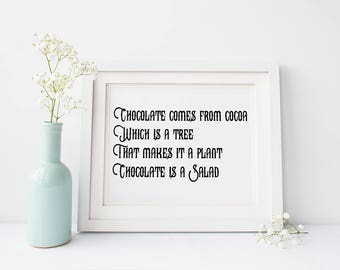 Chocolate comes from cocoa, funny print, funny wall art, funny wall decor quotes, funny kitchen sign, kitchen print, funny kitchen decor