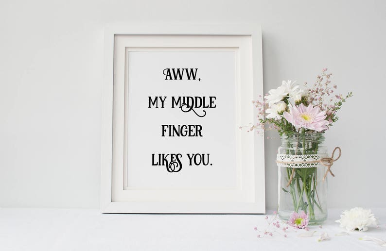 Pu&ograve; includere: Stampa incorniciata bianca con il testo "AWW, MY MIDDLE FINGER LIKES YOU."