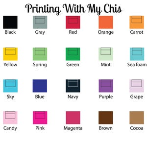 May include: A chart of 20 color swatches with the names of each color listed below. The colors include black, gray, red, orange, carrot, yellow, spring, green, mint, sea foam, sky, blue, navy, purple, grape, candy, pink, magenta, brown, and cocoa.
