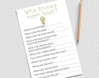 Baby shower who knows mom baby shower game, INSTANT DOWNLOAD,  baby shower printables, monkey baby shower theme, gender neutral, MBB