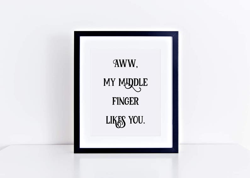 Pu&ograve; includere: Una stampa incorniciata nera con il testo "AWW, MY MIDDLE FINGER LIKES YOU."