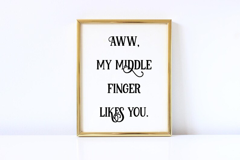 Pu&ograve; includere: Una stampa incorniciata dorata con il testo "AWW, MY MIDDLE FINGER LIKES YOU."