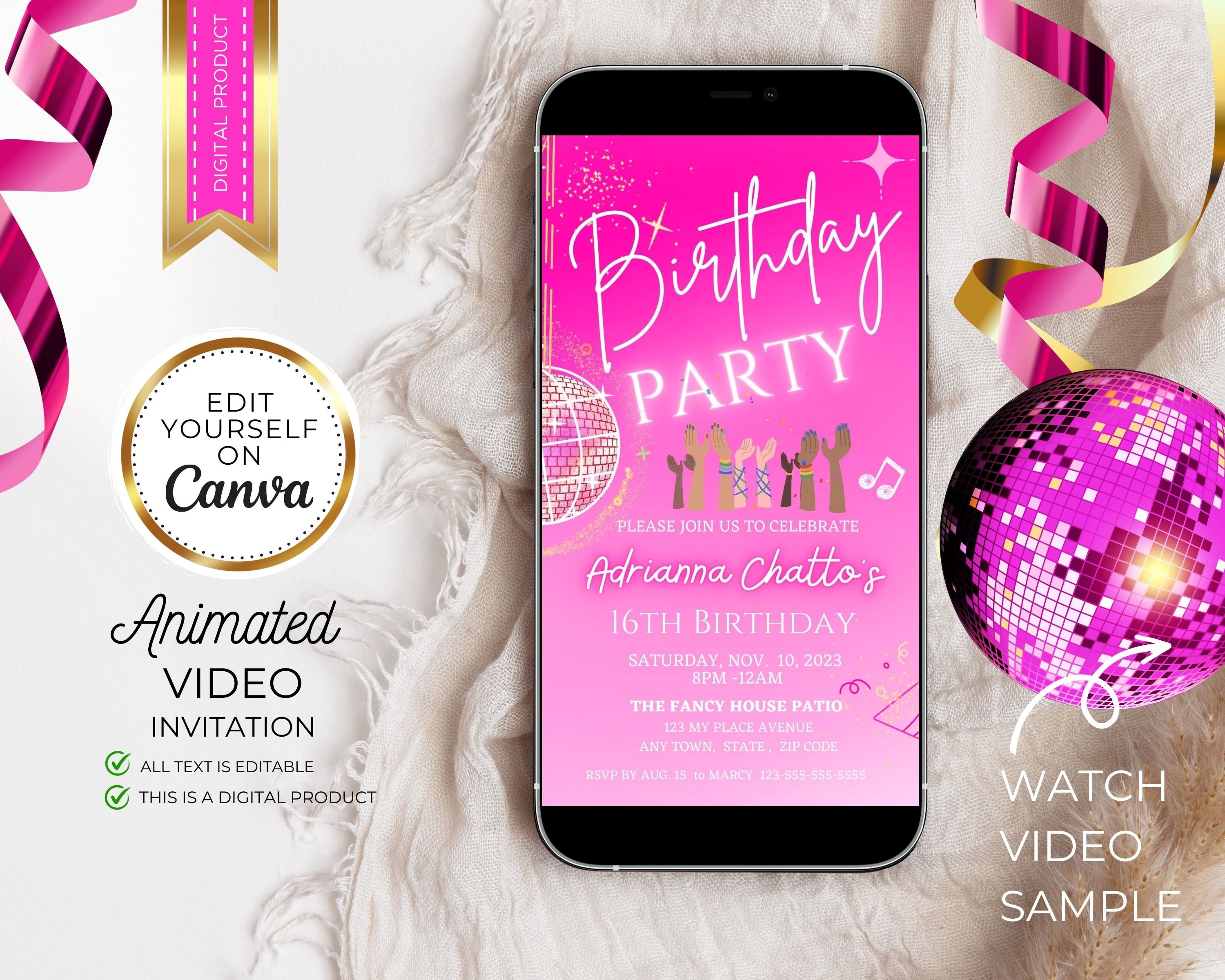 Birthday Party Video Invitation animated Pink Disco BallSweet 16 inviteneon text message phone inviteCanva editable