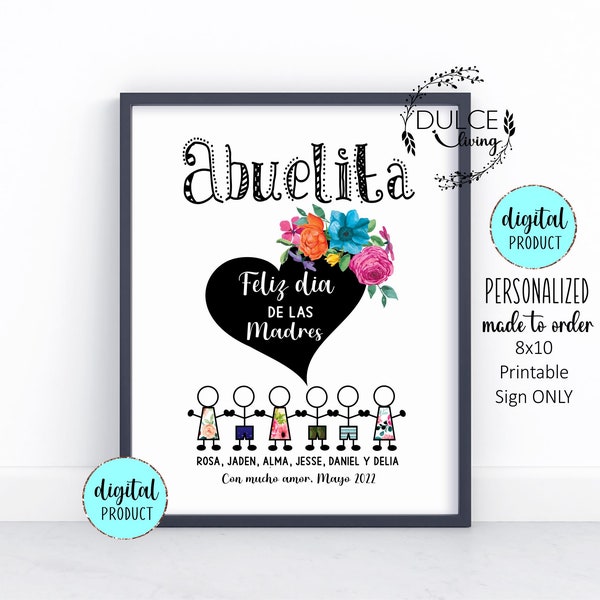 Abuelita personnalisé imprimable 8x10 Signe avec les noms des petits-enfants pour le cadeau Feliz dia de las Madres, Fête des Mères espagnole, regalo para abuela
