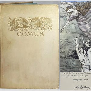 May include: A hardcover book titled Comus with a cream-colored cover featuring gold embossed mythical creatures and text. The interior page displays a black and white illustration of figures, French text regarding the edition limit, and a signature.