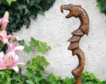 140cm tall Dragon Priest Staff Handcarved out of reclaimed hardwood