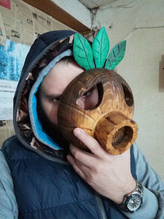 ... , MADE TO ORDER, This mask is a replica of Deku mask from the video  game Legend of Zelda. , The mask is made out of pine wood. Finished with  wood ...