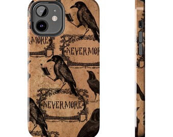 May include: A phone case with a vintage aesthetic featuring a repeating pattern of ravens and the phrase "Nevermore". The background is a textured brown paper with a distressed look.