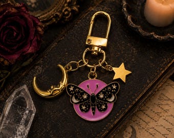 Brelok do torebki Celestial Moth | Złoty brelok do torebki Moon Star, dodatek do torebki Gothic Cottagecore
