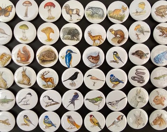 May include: A collection of 48 round white buttons with colorful illustrations of animals, insects, and plants. The buttons feature a variety of subjects, including a butterfly, a mushroom, a ram, a badger, a fox, a deer, a hedgehog, a kingfisher, a wren, a blue tit, a turtle, a frog, a snake, a lizard, a grasshopper, a donkey, and a bird.