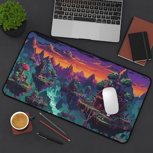 May include: A colorful pixel art design of a fantasy landscape with floating islands, a sunset sky, and a small house. The design is printed on a black mouse pad.