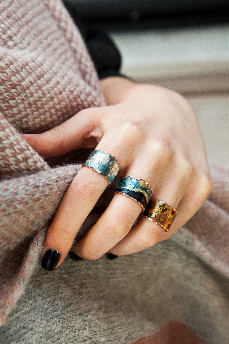 lightweight adjustable so fits every finger Van Gogh starry night design handmade copper ring soft