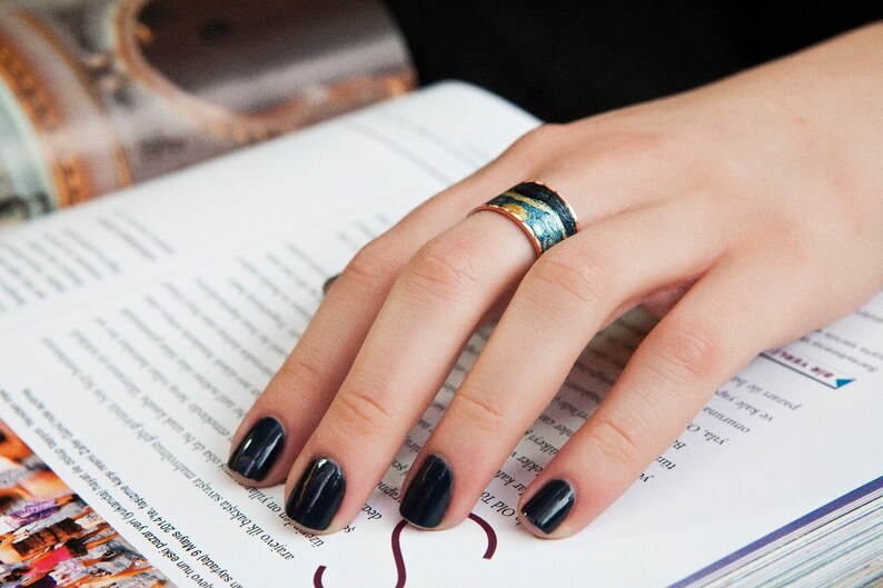 lightweight adjustable so fits every finger Van Gogh starry night design handmade copper ring soft