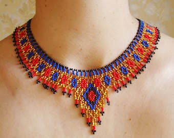 Egyptian necklace Egyptian jewelry Beadwork jewelry Beaded jewelry Gift for her Unique gift Gold red blue necklace statement necklace