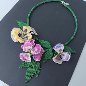 Pansy Necklace: Floral Seed Bead Necklace, February Birth Flower