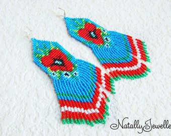 Rote Blumen Ohrringe Lange Boho Ohrringe Rot blau Ohrringe Blume Ohrringe Perlen Blumen Muttertag Geschenk Geschenke für Mama Mutter Schmuck