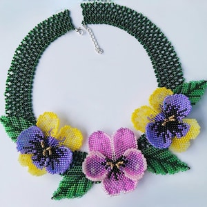 Seed Bead Pansy Necklace: Floral Spring Jewelry
