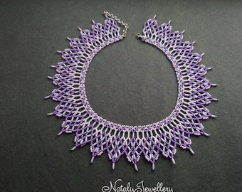 Light purple white beaded geometric necklace Violet rhombus Simple necklace Geometric jewelry Beadwork jewelry Boho necklace