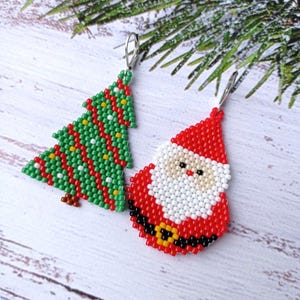 Beaded Christmas Earrings: Santa & Tree Holiday Dangles