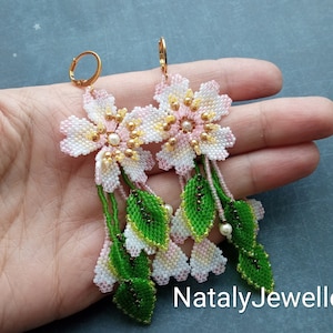 Flower cherry earrings Cherry jewelry Leaf earrings Floral earrings Cute earrings Pink green earrings Long earrings Seed beads earrings