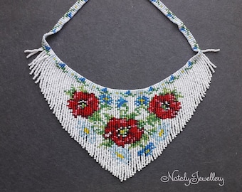 Wedding choker White red green necklace Flower necklace Boho necklace Seed beads necklace Engagement gift Bachelorette gift
