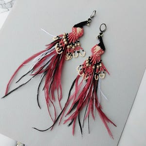 Peacock Feather Earrings: Long Fringe Beaded Bird Earrings