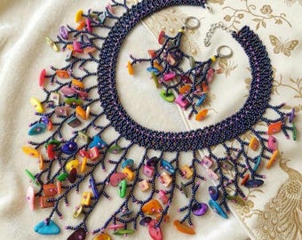 One-of-a-Kind Shell Jewelry Set, Beaded Collar Necklace & Dangle Earrings