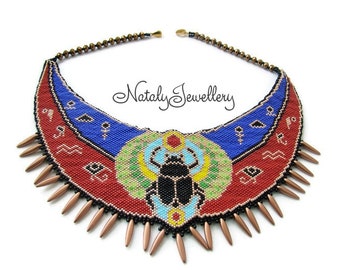 Egyptian scarab beetle necklace seed beaded necklace Red blue egyptian symbols necklace Animal insect necklace Ethnic talisman necklace