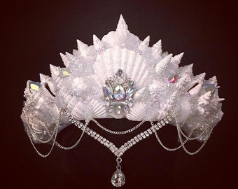 White Mermaid Crown Festival Headpiece Bridal Iridescent Shell