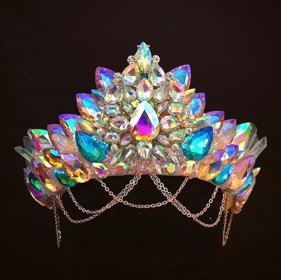 Rainbow Fairy Queen Crown for Halloween or New Years Pastel Rainbow Crystal Crown: Metal Lace Filigree Tiara  main image 3