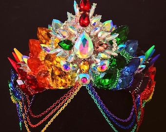 Rainbow Pride Crown Mermaid Crown Gem Crown Crystal Crown Festival Headpiece Colourful Handmade
