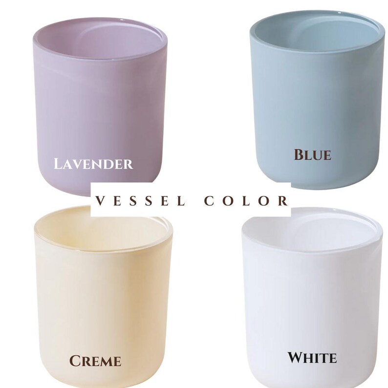 May include: Four cylindrical vessels labeled VESSEL COLOR, featuring smooth finishes in lavender, blue, creme, and white. Each container has a simple, open-top design with rounded bottom edges, presented in a grid layout for color comparison.