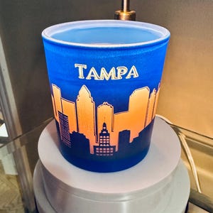 Engraved Skyline Candle with Lid - Tampa, Miami, Chicago, New Orleans, Seattle, London, LA, SF | 8oz Sapphire Jar, Engraved Candle Art