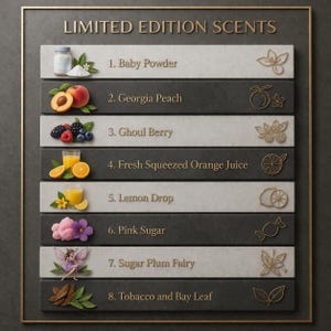 May include: A rectangular sign titled LIMITED EDITION SCENTS featuring eight horizontal rows. Each row lists a scent name with a corresponding icon and illustration: 1. Baby Powder, 2. Georgia Peach, 3. Ghoul Berry, 4. Fresh Squeezed Orange Juice, 5. Lemon Drop, 6. Pink Sugar, 7. Sugar Plum Fairy, and 8. Tobacco and Bay Leaf.
