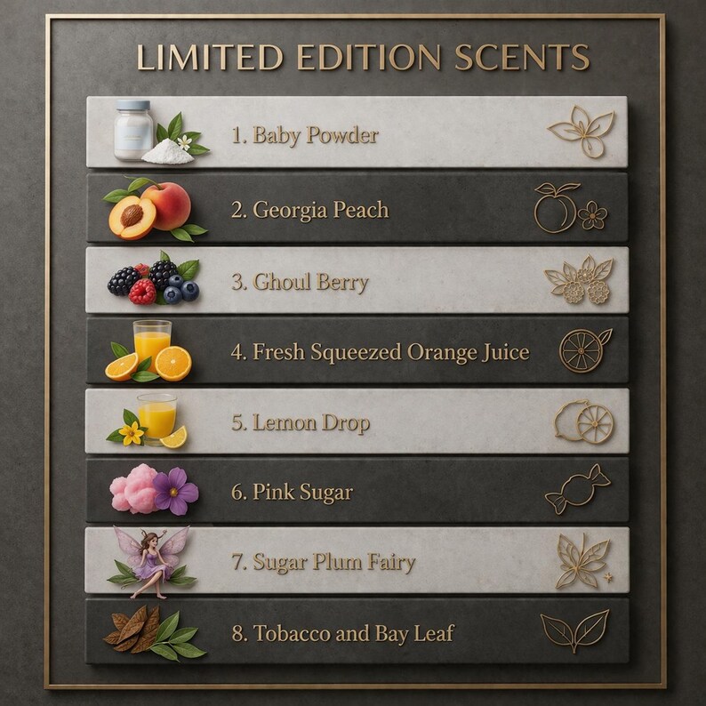 May include: A rectangular sign titled LIMITED EDITION SCENTS featuring eight horizontal rows. Each row lists a scent name with a corresponding icon and illustration: 1. Baby Powder, 2. Georgia Peach, 3. Ghoul Berry, 4. Fresh Squeezed Orange Juice, 5. Lemon Drop, 6. Pink Sugar, 7. Sugar Plum Fairy, and 8. Tobacco and Bay Leaf.