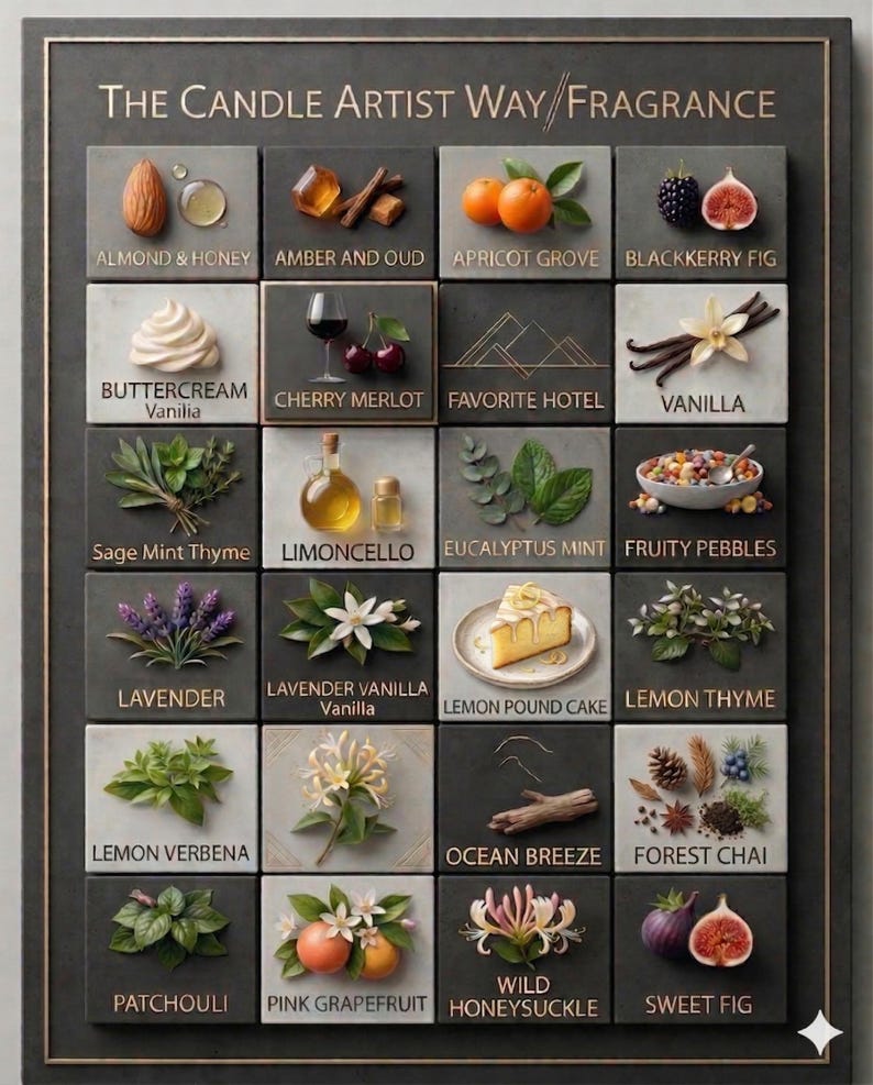 May include: A rectangular wall sign titled The Candle Artist Way Fragrance featuring a grid of twenty square tiles. Each tile displays a unique scent name in gold text paired with a corresponding photographic illustration of ingredients like fruits, herbs, and spices.
