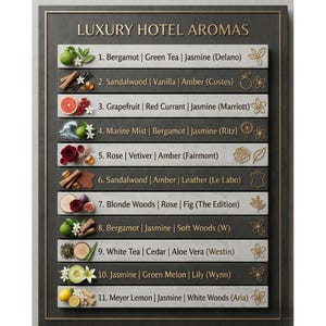 May include: A rectangular sign titled LUXURY HOTEL AROMAS in gold lettering. It features eleven horizontal bars, alternating between white and dark gray, each listing a numbered scent profile with botanical illustrations and hotel names.